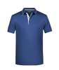 A blue polo shirt featuring a contrasting white collar and placket, with branding on the chest.