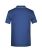 A navy blue polo shirt featuring a classic collar and a logo on the back.