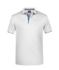 A white polo shirt with a blue collar and trim, featuring a logo on the chest.