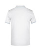 A white polo shirt with a contrasting trim and a logo on the back.
