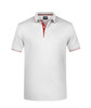 A white polo shirt with a red collar and button placket, featuring a logo on the chest.