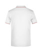 A white polo shirt featuring red accents along the collar and sleeves, with a logo on the chest area.