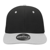 A structured six-panel cap in black with a grey peak, featuring a logo on the front.