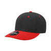 A black and red 6 panel mid profile structured cap featuring a circular logo on the front.