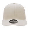 A beige 6 panel mid-profile structured cap with a flat brim and a logo on the front.