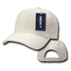 A white 6 panel mid-profile structured cap with a tag and a curved brim, featuring a branding label.