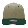 A structured cap with a beige crown and green brim, featuring a logo on the front.