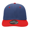 A structured cap featuring a blue body and a red brim, with a logo on the front.