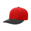 A red and black six-panel mid-profile structured cap with a logo on the front.