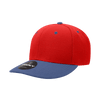 A red and blue 6 panel mid profile structured cap with a logo on the front.