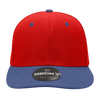 A red structured cap with a blue peak and a logo on the underside of the brim.
