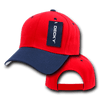 A red and navy blue 6 panel mid profile structured cap featuring a tag and an adjustable strap at the back.