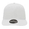 A white 6-panel mid-profile structured cap featuring a circular tag with a logo.