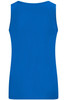 A blue active tank top with a sleeveless design and a simple back. It features a logo.