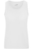 A white ladies' active tank top with a scoop neck and sleeveless design, featuring a small logo.
