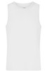 A white men's active tank top with a round neck and sleeveless design. It has a logo on the label.