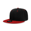 A black and red 6 panel high profile structured snapback cap with a branded logo on the front.