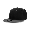 A black high-profile structured snapback cap with a grey brim and a logo on the front.