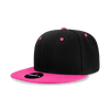 A black snapback cap with a pink visor and button, featuring a logo on the front.