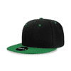 A black snapback cap with a green brim and an embroidered logo. The cap features a structured, high-profile design.