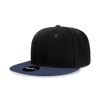 A black snapback cap with a navy blue brim and a logo on the front. Features six panels and a structured design.