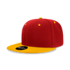 A red and yellow 6 panel high profile structured snapback cap with a branded tag.