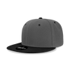 A 6 panel high profile structured snapback cap in grey with a black brim and a logo on the front.