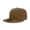 A high-profile structured snapback cap in brown, featuring a flat brim and a logo on the front.