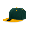 A green and yellow 6-panel high profile structured snapback cap with a logo on the front.