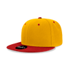 A six-panel high profile structured snapback in bright yellow with a red flat brim and logo on the front.