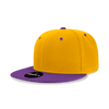 A high profile structured snapback cap featuring a yellow crown and a purple brim, with a brand logo on the front.