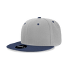 A high-profile structured snapback cap in grey and navy blue, featuring a logo on the front.