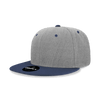 A grey and navy 6 panel high profile structured snapback cap with a logo on the front.