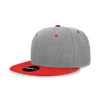 A grey snapback cap with a red brim and buttons, featuring a logo on the front.