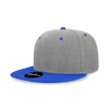 A grey snapback cap with a blue peak and a logo on the front. The design features six panels and a structured profile.
