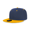 A structured snapback cap featuring a navy blue crown and a yellow brim, with a logo on the front.