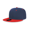 A structured snapback cap featuring a high profile design, in navy blue with a red brim and accent details.