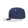A structured snapback cap in navy blue with a white brim, featuring a logo on the front.