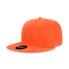 An orange 6 panel high profile structured snapback cap with a branded tag on the front.
