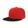 A red and black 6 panel high profile structured snapback hat with a logo on the front.