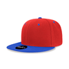 A red and blue 6-panel high profile structured snapback cap with a logo on the front.