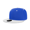 A high-profile structured snapback cap in blue with a white flat brim, featuring a logo on the front.