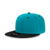 A high-profile snapback cap featuring a turquoise body and a black brim, with a logo on the front.