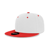 A high-profile structured snapback cap in white with a red brim and accents, featuring a logo on the front.