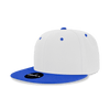A high-profile structured snapback cap in white with a blue peak, featuring a logo on the front.