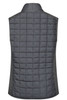 A grey knitted hybrid vest with a quilted back and a plain fabric side. Features a collar and minimal design.