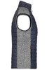 A grey and navy knitted hybrid vest with a sleeveless design and a high collar. Features a logo on the side.