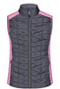 A ladies' knitted hybrid vest featuring a dark grey body with pink accents and a zip front. It has a logo on it.
