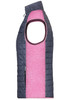 A knitted hybrid vest featuring a navy blue and pink colour scheme with a zip closure and a sleeveless design.