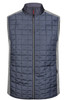 A mens knitted hybrid vest in navy blue with a quilted front and grey side panels. It features a high collar and a zip closure.
